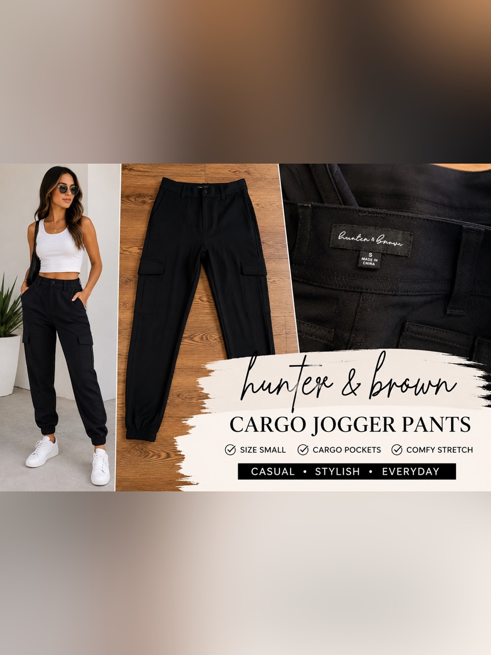 Hunter & Brown Black Cargo Jogger Pants Women’s Size Small